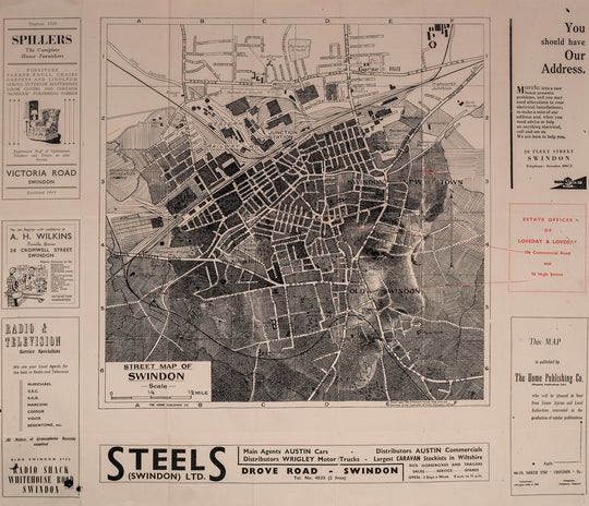 A limited edition "Swindon" black and white map of steel city, printed with archival ink, by Ed Fairburn.