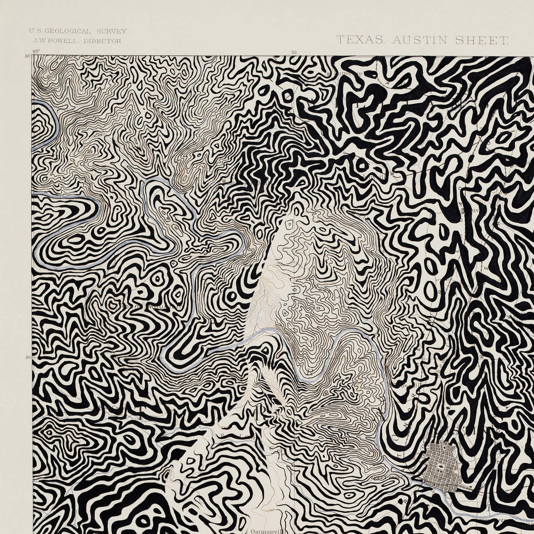 A black and white drawing of a man in a swirling pattern, printed on Ed Fairburn | "Austin, Texas" Premium Archival Paper.