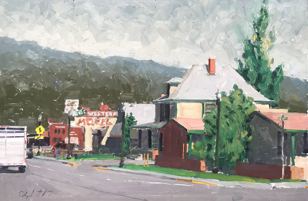 Western Motel by Clyde Steadman, oil on panel, 24 x 36 inches
