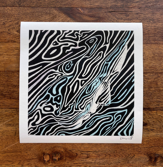 A black and white print of a wave on a wooden table, inspired by Ed Fairburn's "The English Channel: Dover Straits".