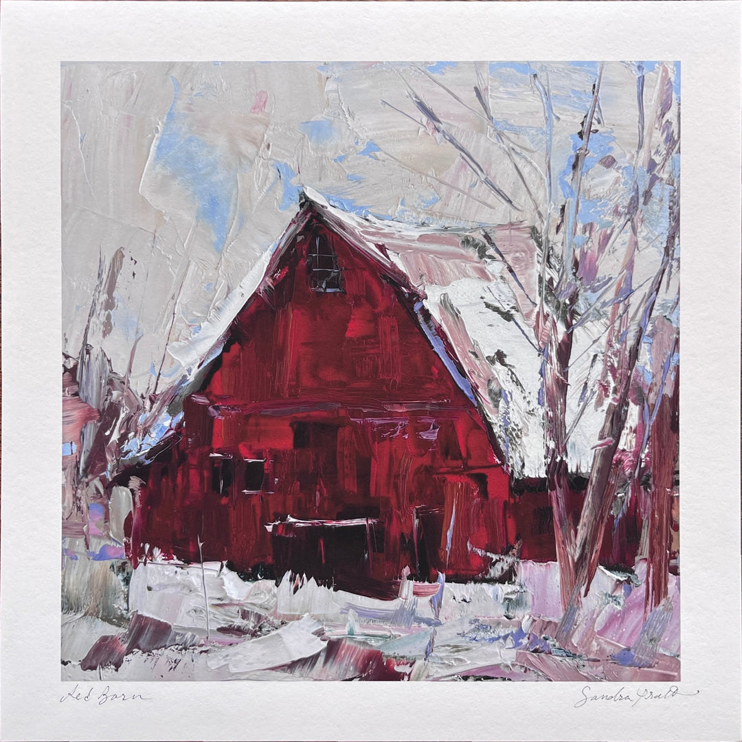 Sandra Pratt’s "Winter Solstice" limited edition print by Lindsey Kustusch features a red barn in snowy winter, bare trees, and textured brushstrokes—perfect for winter landscape art lovers.