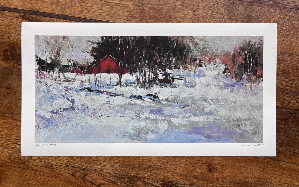 The Sandra Pratt | Winter Harmony limited edition print captures a snowy winter landscape with trees and a red barn, beautifully printed on premium matte fine art paper by artist Sandra Pratt.