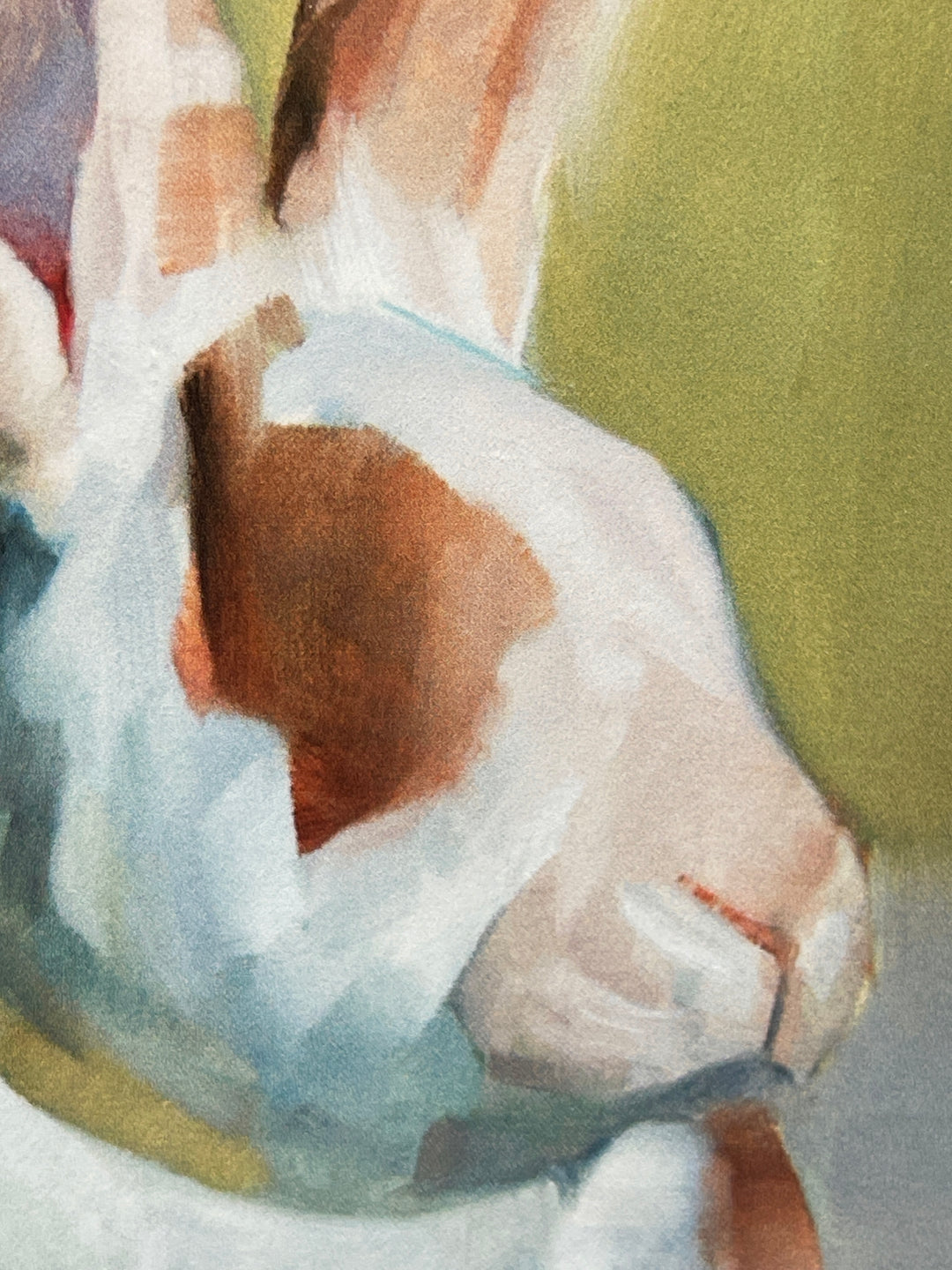 A close-up image of an abstract painting by Benjamin Björklund | "Gwyneth" features a bunny with soft pastel colors and a blurred background; available as a limited edition print by Benjamin Björklund.