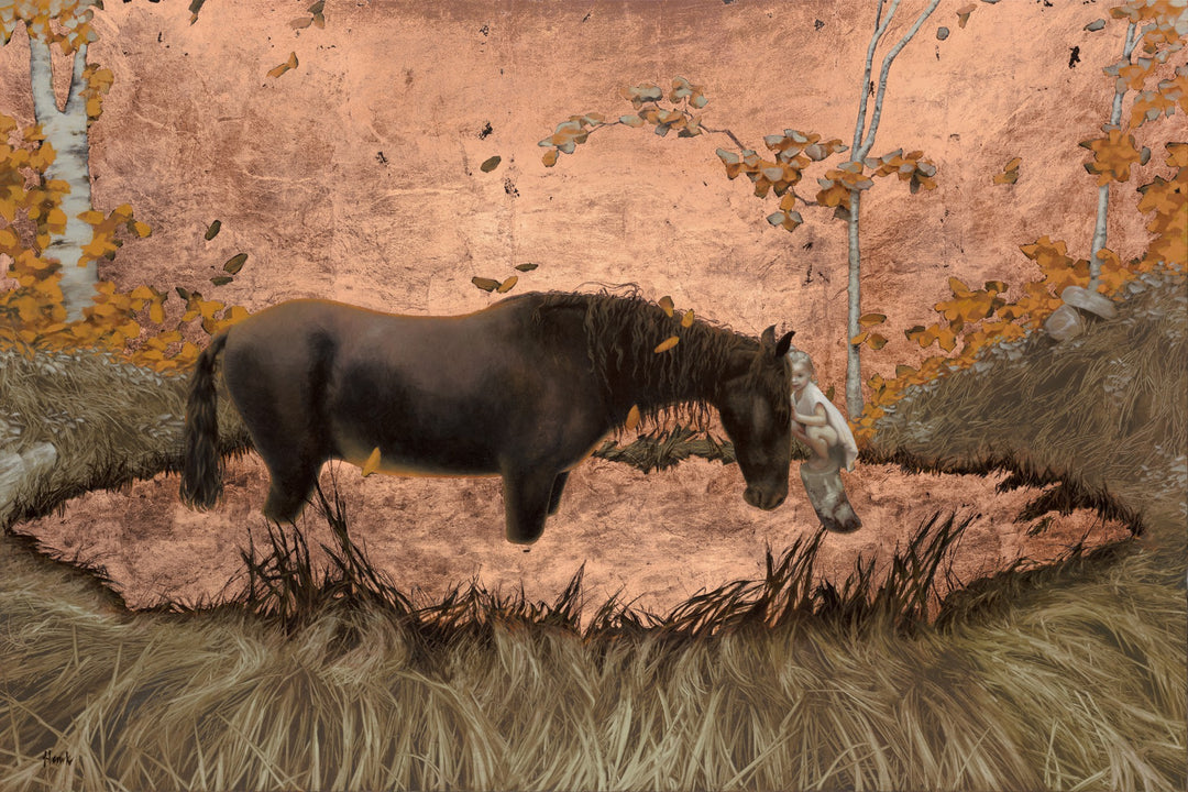 Lowland Savior by Dana Hawk, oil and copper on panel, 24 x 36 inches