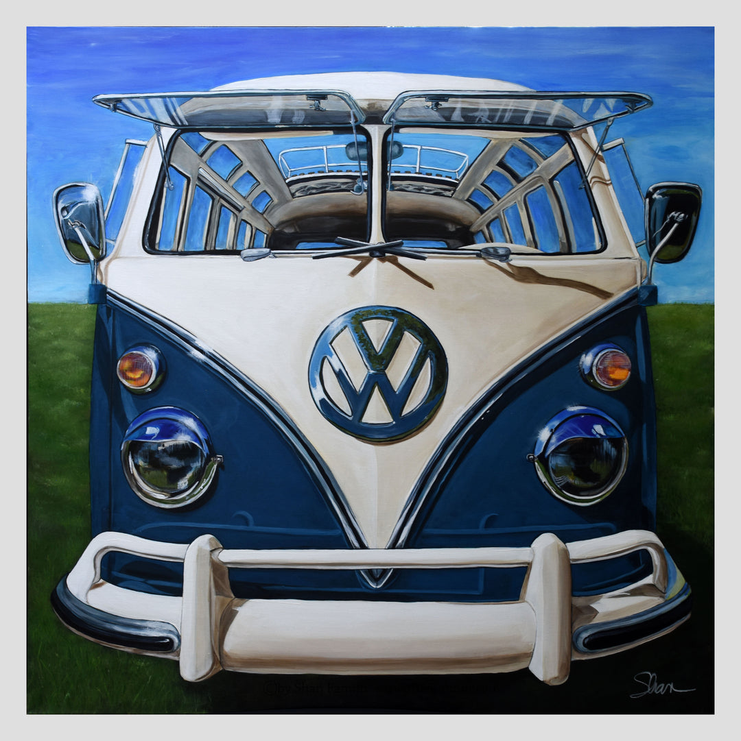 Shan Fannin’s "1967 Volkswagen Samba/Kombi Bus" 28x28" art print captures a classic blue and white VW parked on grass beneath a clear sky.