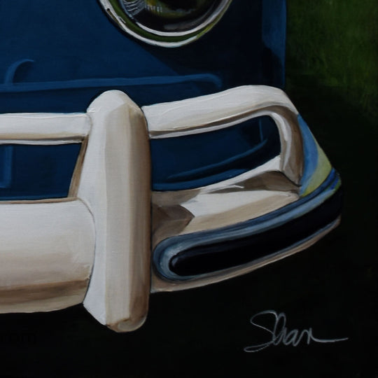 Shan Fannin | '1967 Volkswagen Samba/Kombi Bus' | 28 x 28\" depicts a detailed close-up of the vintage blue VW Kombi’s front bumper and headlight, making bold wall art. Signed by Shan in the lower right corner.