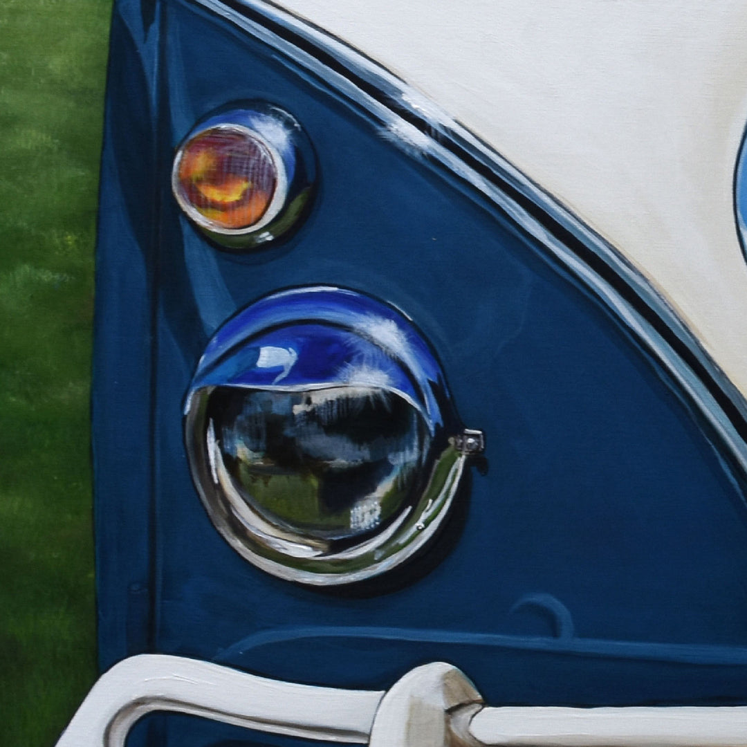Close-up of the front left headlight and grill of Shan Fannin’s "1967 Volkswagen Samba/Kombi Bus" (28 x 28")—an ideal limited edition art print or classic VW Kombi wall decor.