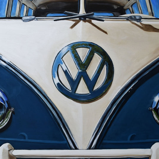 Shan Fannin’s 28x28" artwork, "1967 Volkswagen Samba/Kombi Bus," showcases the iconic VW front and two-tone blue and cream design—ideal wall art or a collector’s print for vintage Volkswagen enthusiasts.