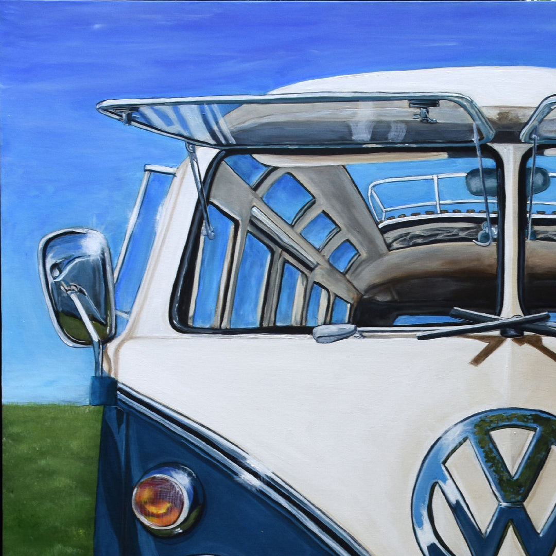 A close-up of the front and side of a vintage blue and white 1967 Volkswagen Samba/Kombi Bus with open windows, featured in Shan Fannin’s 28 x 28" wall art—a striking piece for collectors and fans of retro vehicles.