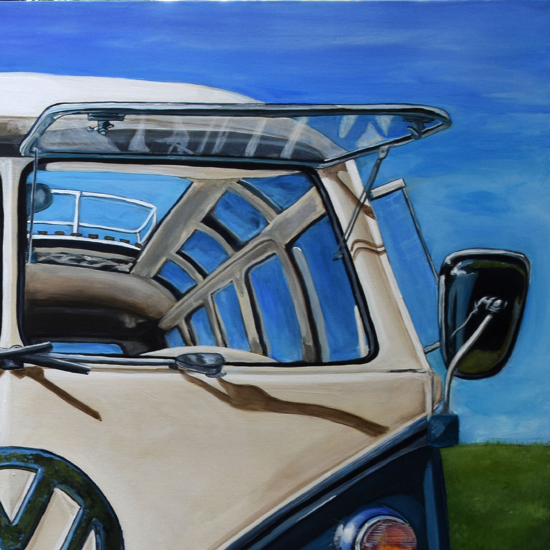 A close-up of the front window and windshield on the "1967 Volkswagen Samba/Kombi Bus" art print by Shan Fannin (28 x 28")—a stunning limited edition for fans and collectors.