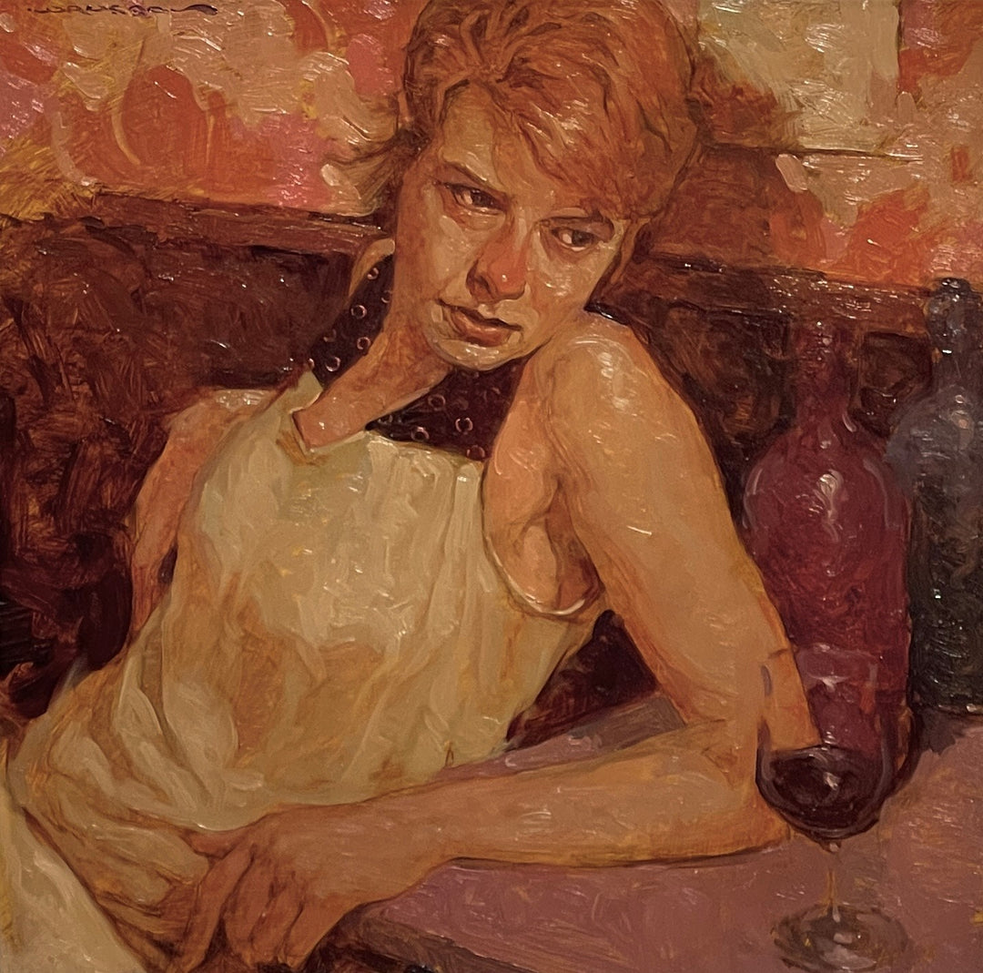 Joseph Lorusso - Melancholy in Red" by Joseph Lorusso is an exquisite oil on canvas painting capturing a woman elegantly seated next to a bottle of wine.