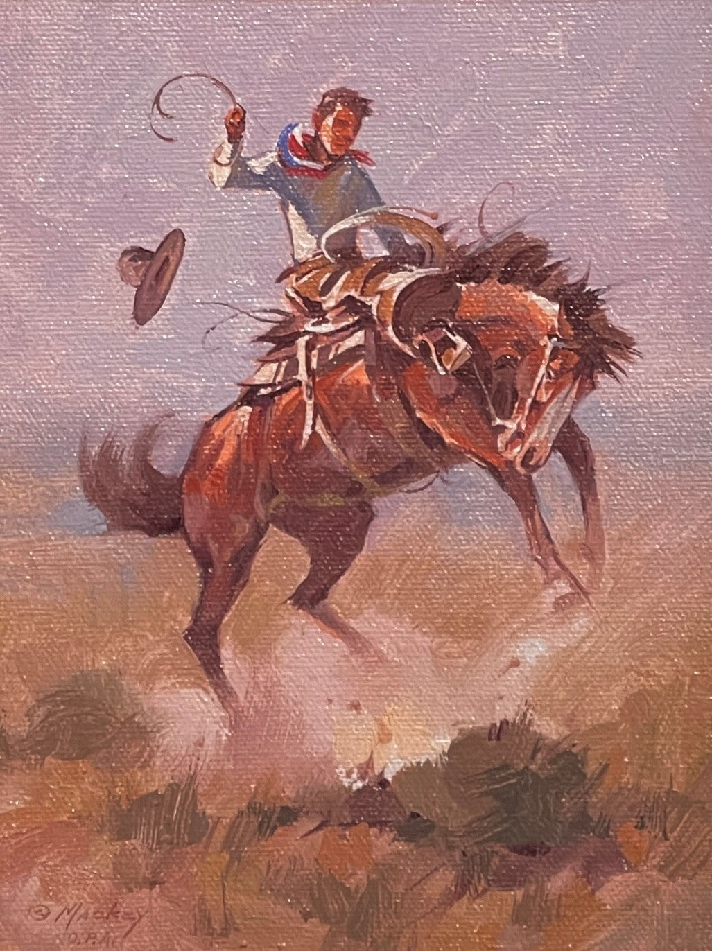 An artist creates a stunning oil painting of a cowboy riding a horse on a dusty Kim Mackey - "Dusty Duel".