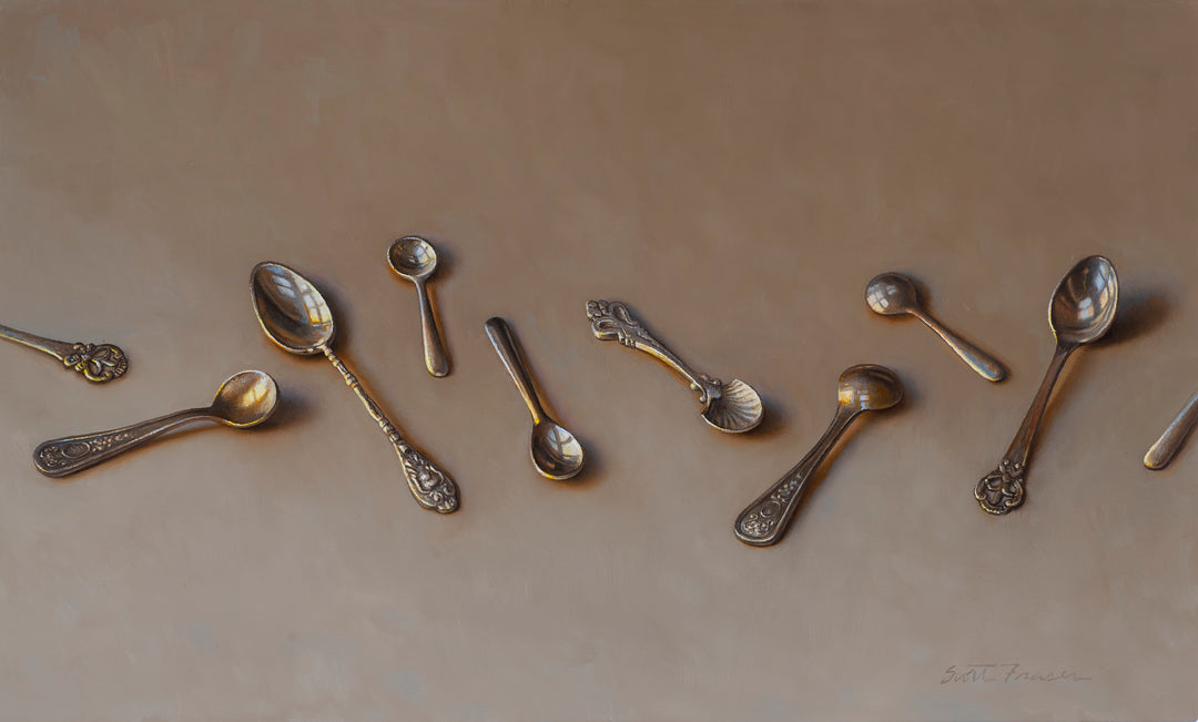 An oil on board painting of spoons on a brown background by artist Scott Fraser, titled "Mollie's Spoons" by Scott Fraser.