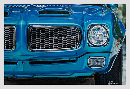 Close-up of the front grille and headlight of a blue 1972 Pontiac Firebird Formula 400 M22, with visible tire. Artwork by Shan Fannin, available as a 28 x 40" limited edition giclée print.