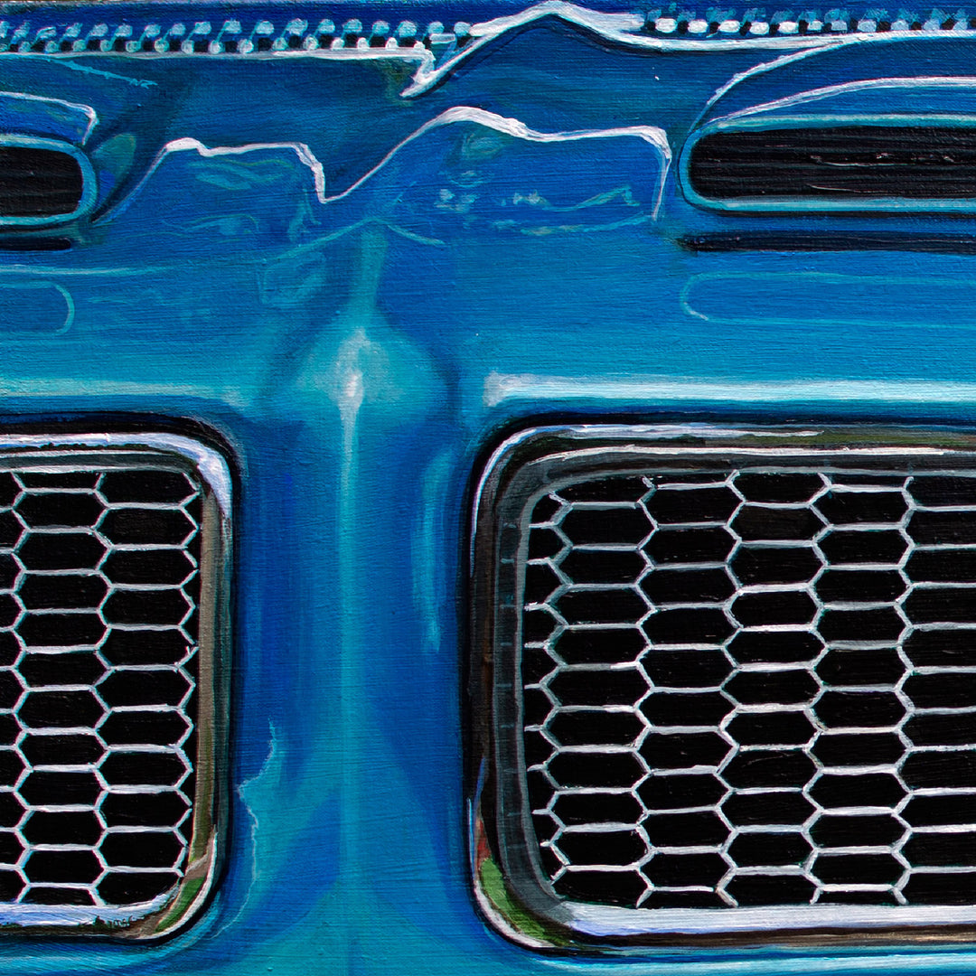 Close-up of a blue 1972 Pontiac Firebird Formula 400 M22 grille with honeycomb vents and hood crease, from Shan Fannin’s limited edition 28 x 40" giclée print.