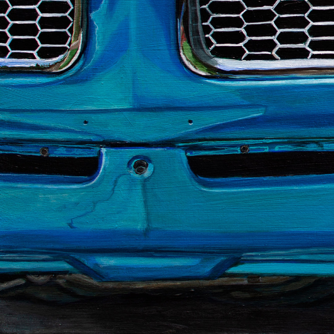 Close-up of a blue 1972 Pontiac Firebird Formula 400 M22 grille with honeycomb pattern, by Shan Fannin. Available as a limited edition 28 x 40" giclée print.