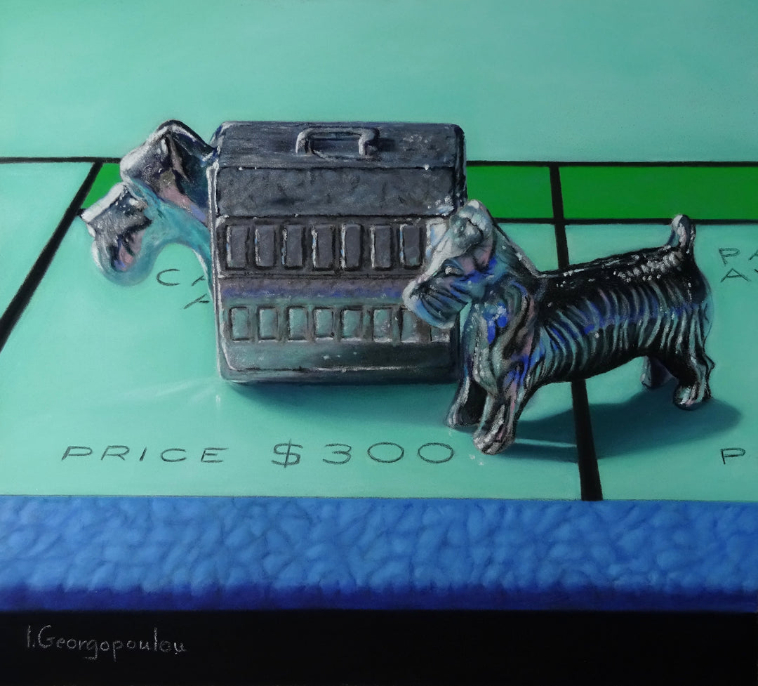 A pastel on paper painting of two dogs playing on an "Come Closer" monopoly board by Irene Georgopoulou.