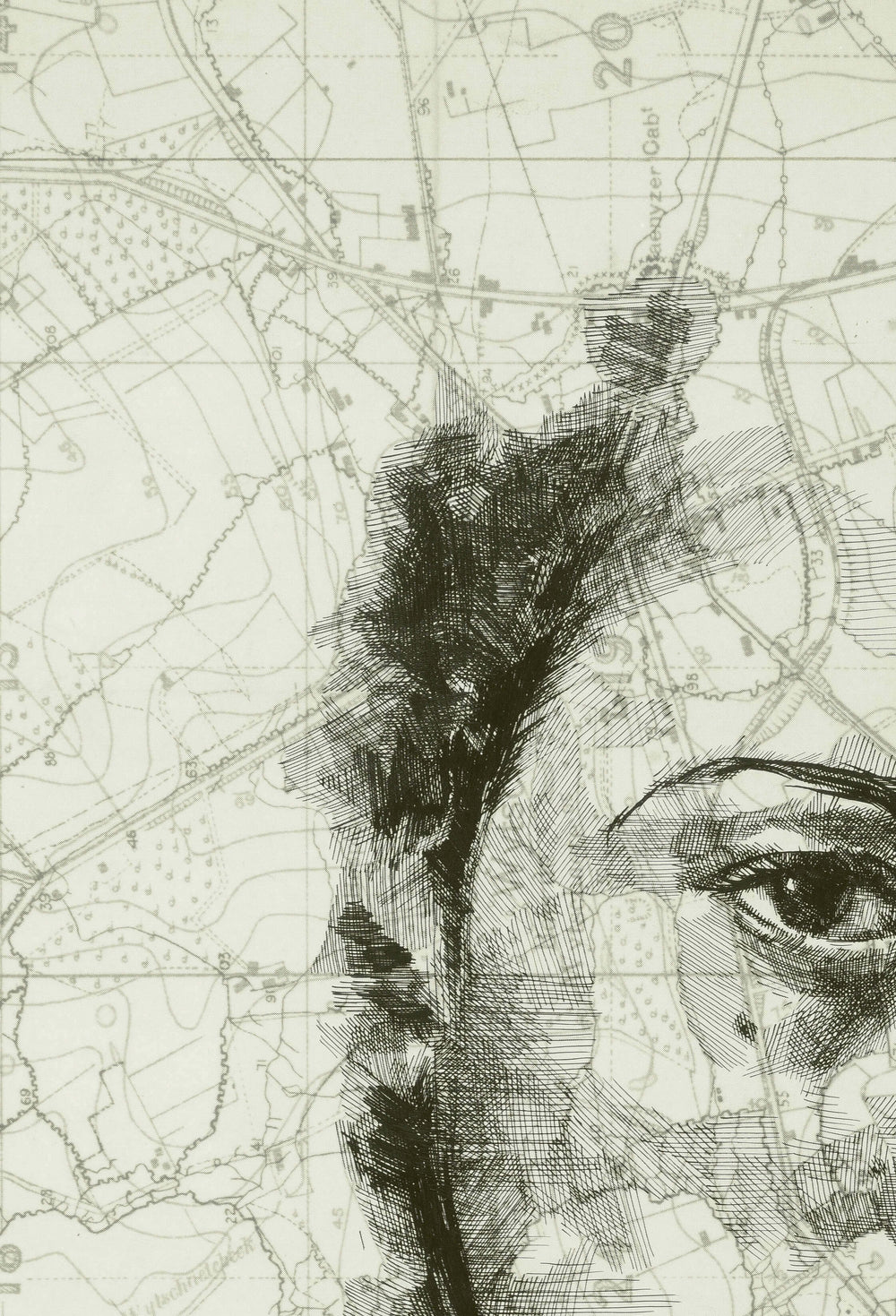 A drawing of a woman's face on a map by Ed Fairburn's "Western Front".