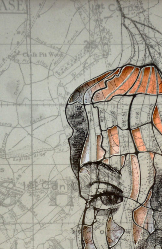 A drawing of a woman's face on a map using Ed Fairburn's "Western Front Cutout I".