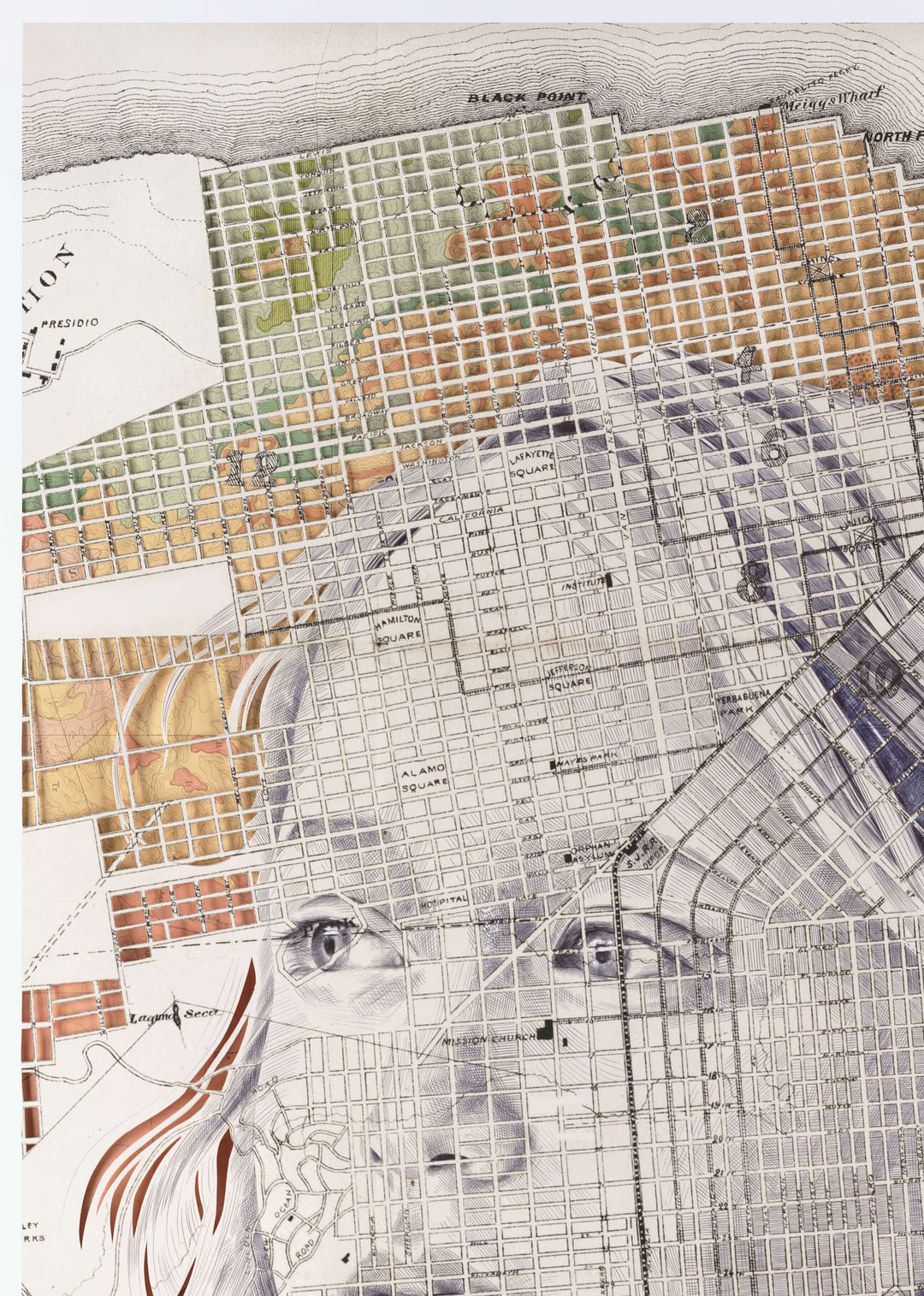 A drawing of a man's face on a map by Ed Fairburn's "San Francisco".