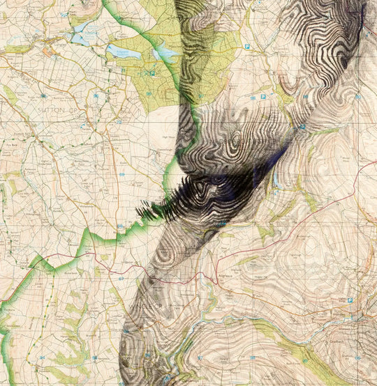 A limited edition Ed Fairburn | "Peak District" artist's map of the Peak District mountain range, featuring a black line motif.