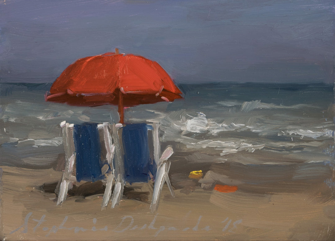 A Stephanie Deshpande - "Red Umbrella" painting of two chairs on the beach with a red umbrella, created by Stephanie Deshpande using oil on panel.
