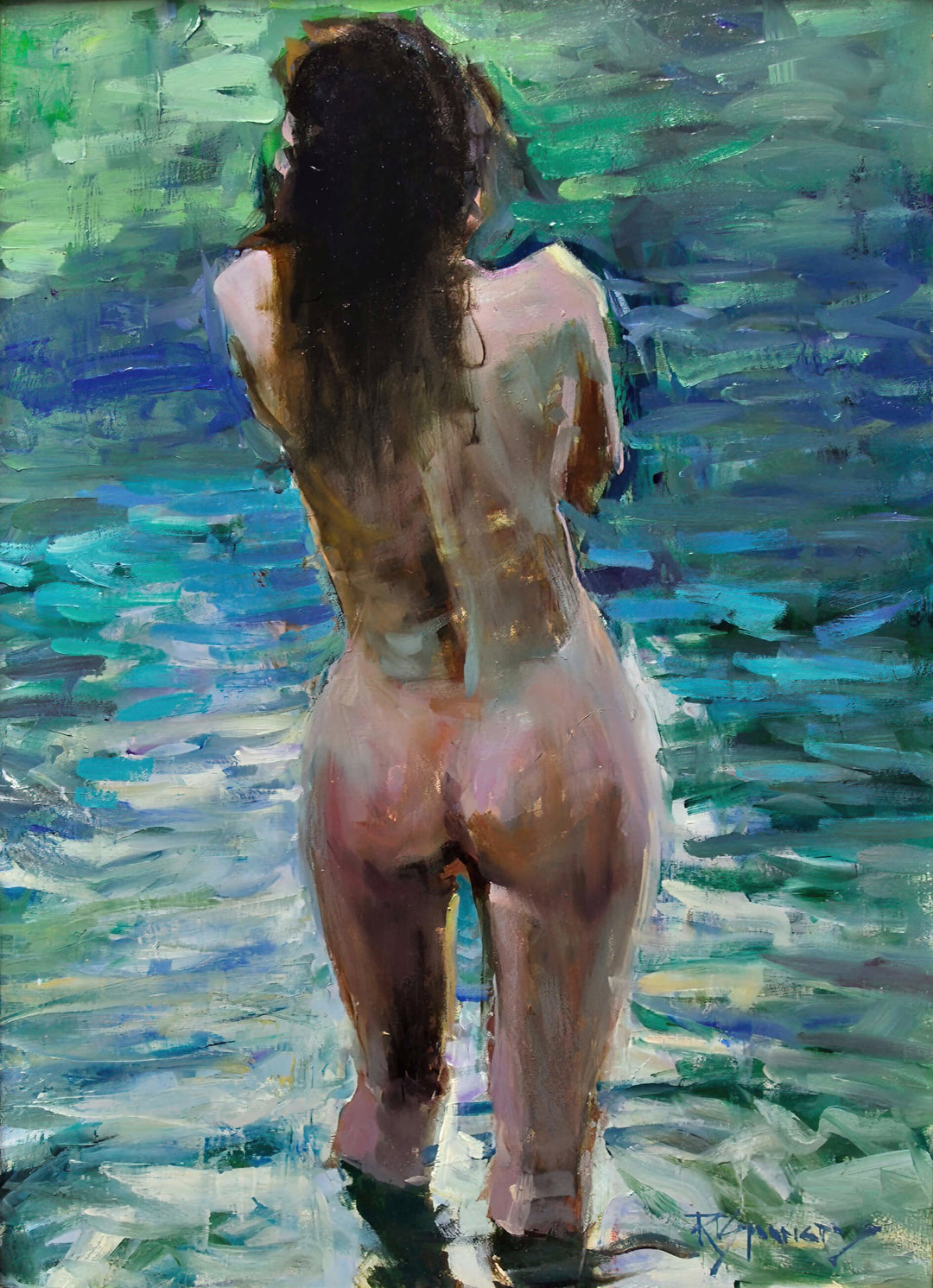 A painting of a nude woman standing in the water, created by Robert Spooner - "Bathing in the Shallows, 2009" by Robert Spooner.