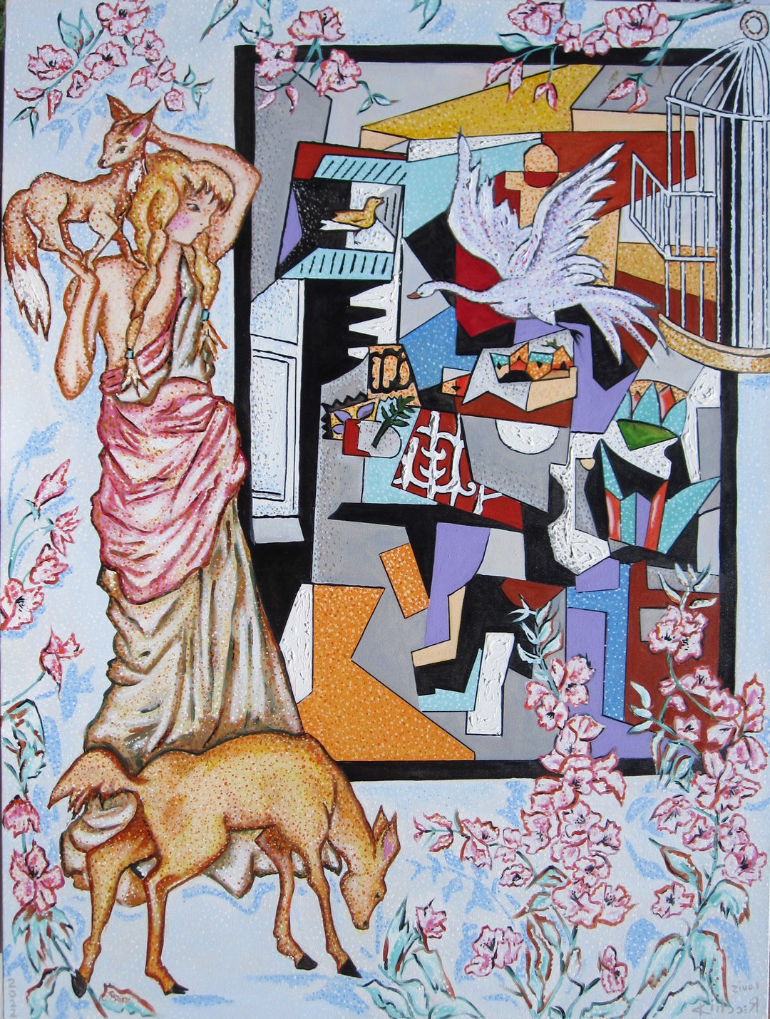 A mesmerizing oil on canvas artwork featuring the captivating connection between a woman and a deer. Inspired by the "Interior with Picasso" aesthetics, this painting by Louis Recchia showcases his exceptional artistic talent.