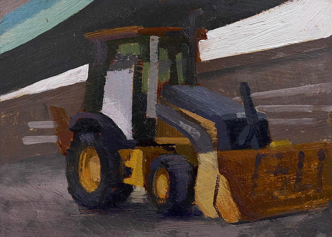 A painting of a Brad Davis - "Loader" bulldozer parked in front of a building. This artwork, created by Brad Davis, measures 5 x 7 inches and is rendered in oil on panel.