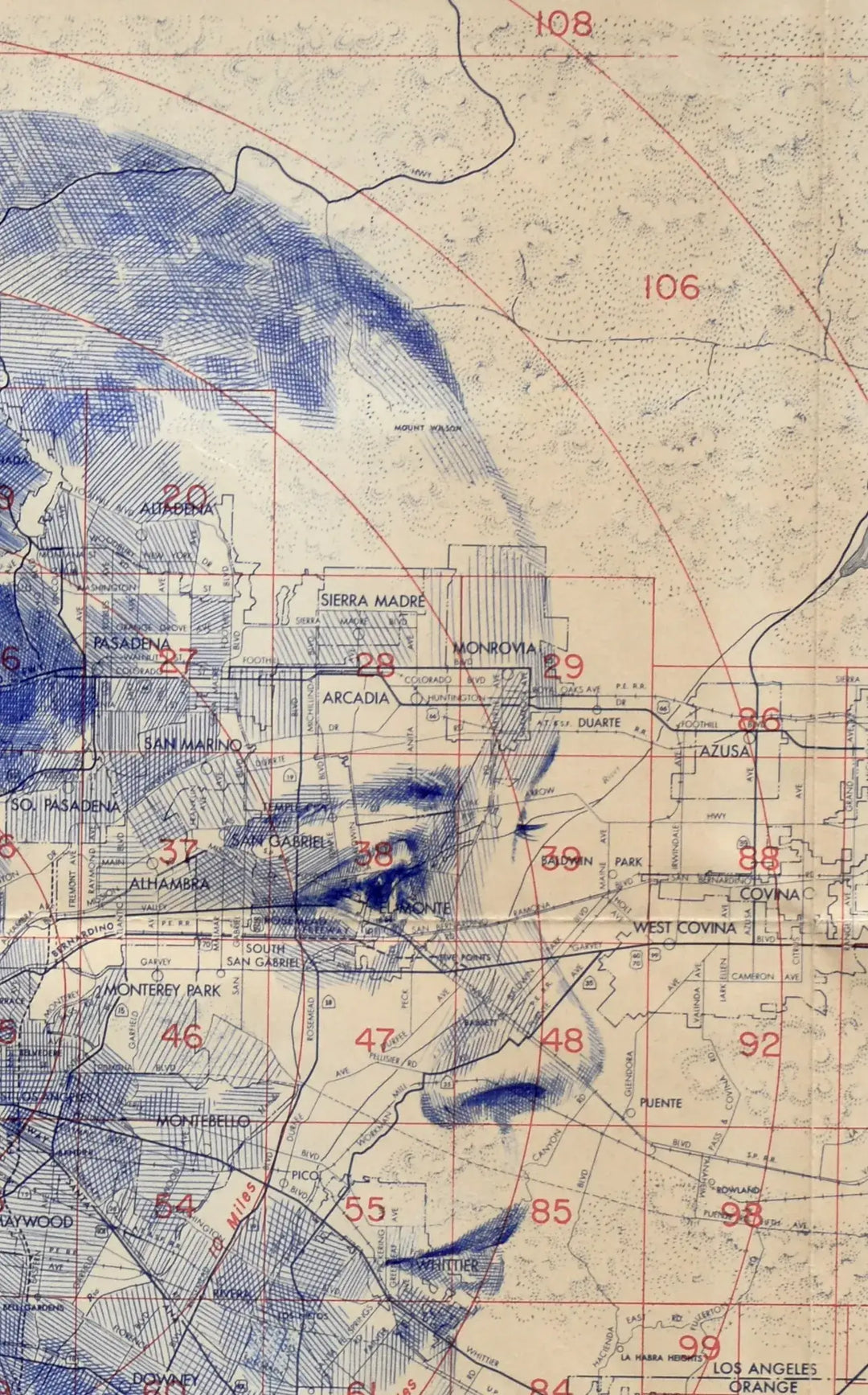 A drawing of a map with blue lines on it, called "Los Angeles I" by Ed Fairburn.
