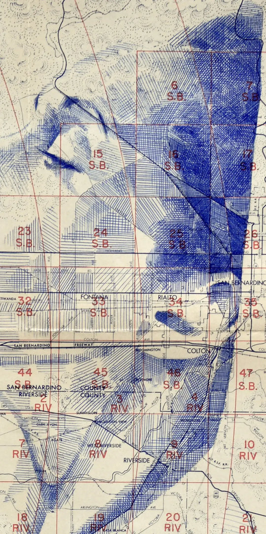 An old map with blue lines on it, Ed Fairburn | "Los Angeles II".