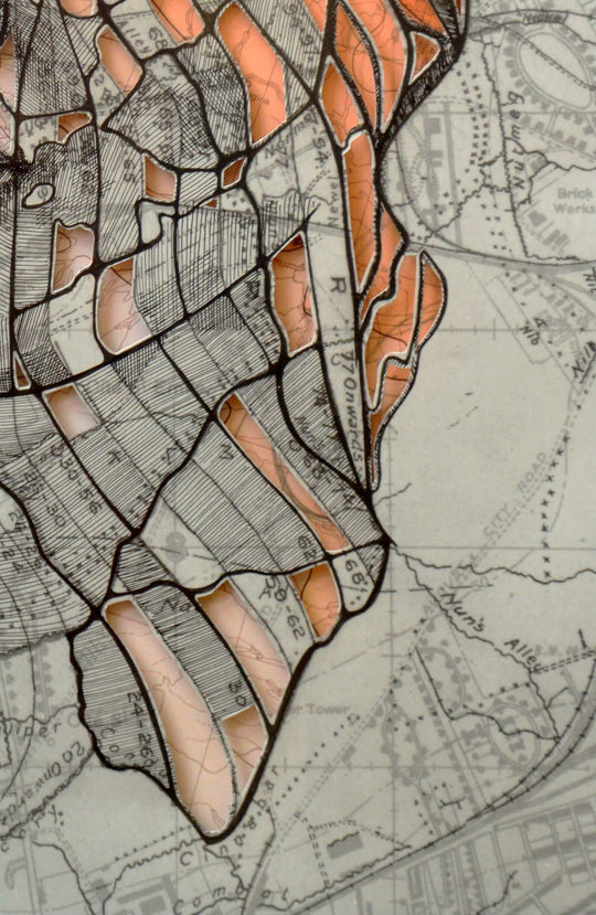 A drawing of Ed Fairburn's "Western Front Cutout I" map of a city.