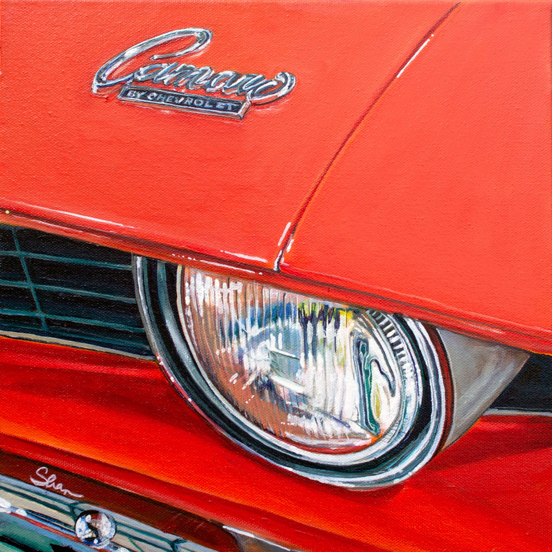 A Shan Fannin 1969 Chevrolet Camaro SS - Hugger Orange painted in Hugger Orange acrylic with the emblem on the headlight.
