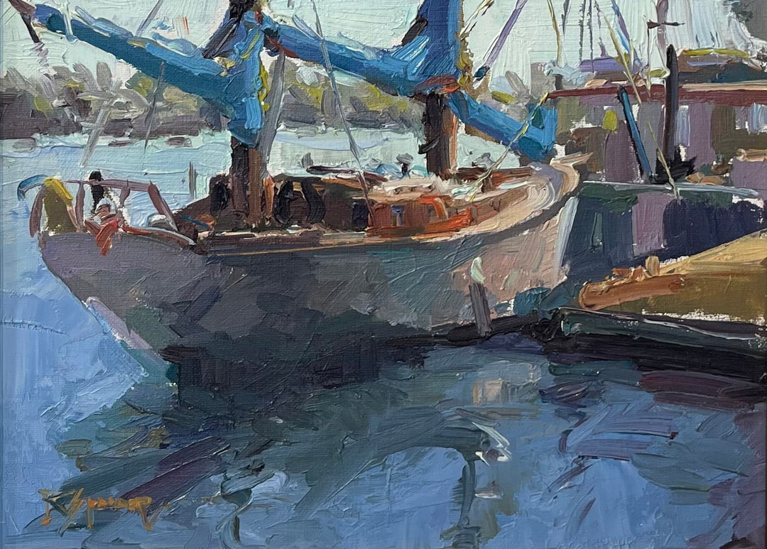 Oil on panel painting of a boat docked in a harbor, titled "Robert Spooner - After the Sail" by Robert Spooner.