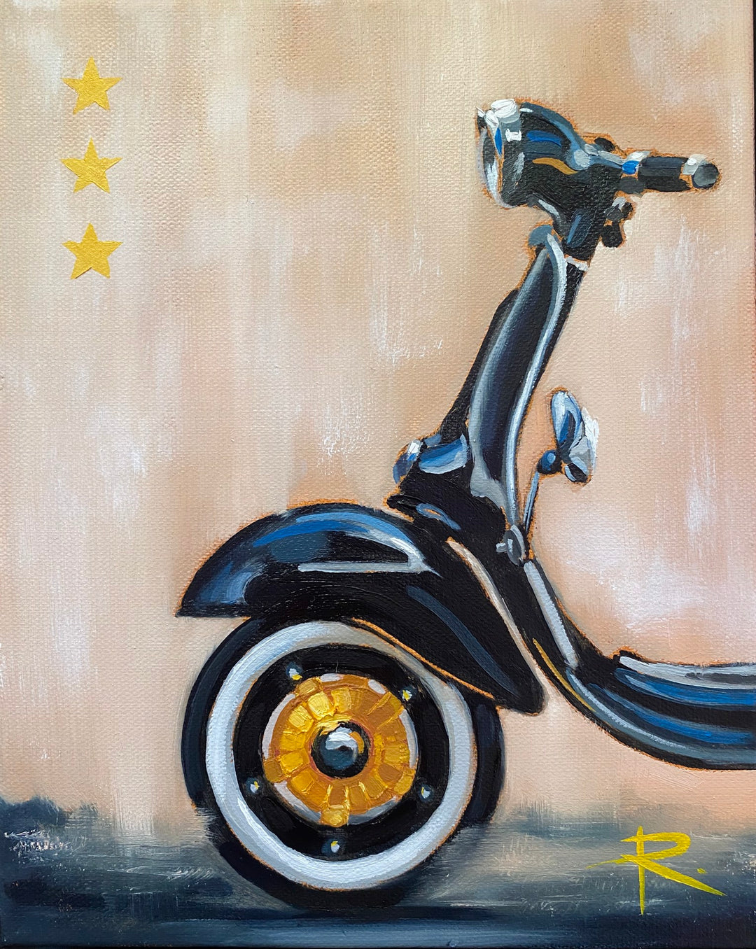 A painting of a black scooter with stars on it, featuring Rosa Fedele - "Milano I feat. Vespa Primavera Polini" and oil on canvas by Rosa Fedele.