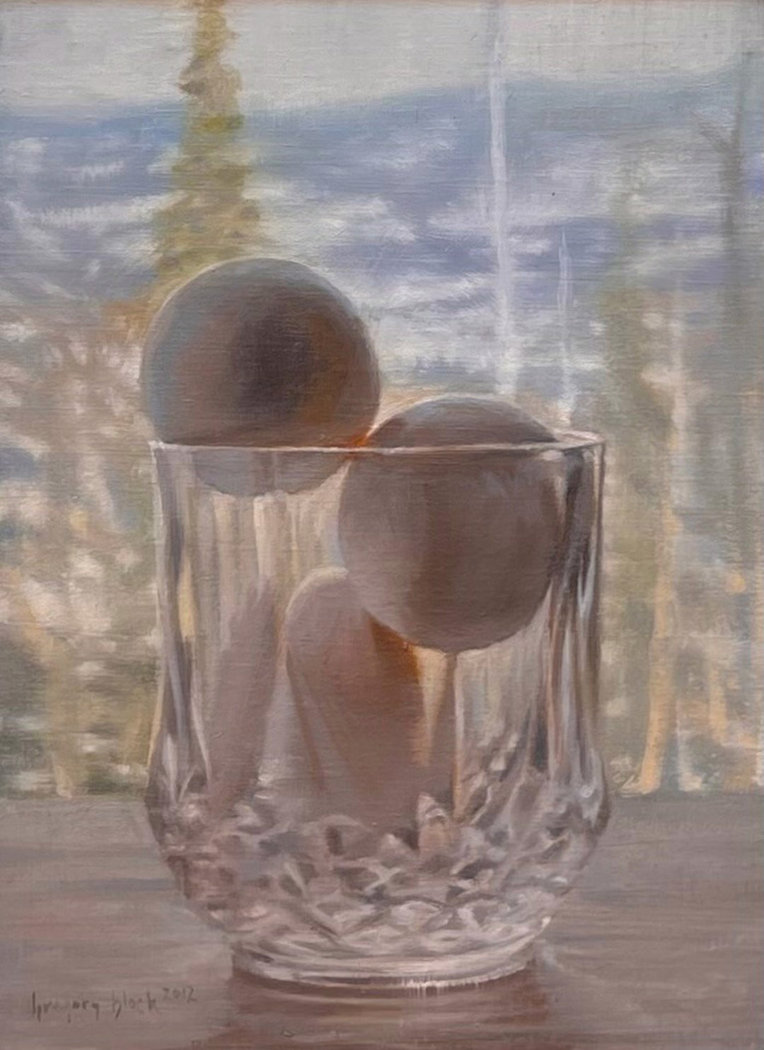 Gregory Block's stunning oil on board, "Eggs in Winter, 2013" by Gregory Block, captures the essence of winter with a mesmerizing portrayal of two eggs nestled inside a glass bowl.
