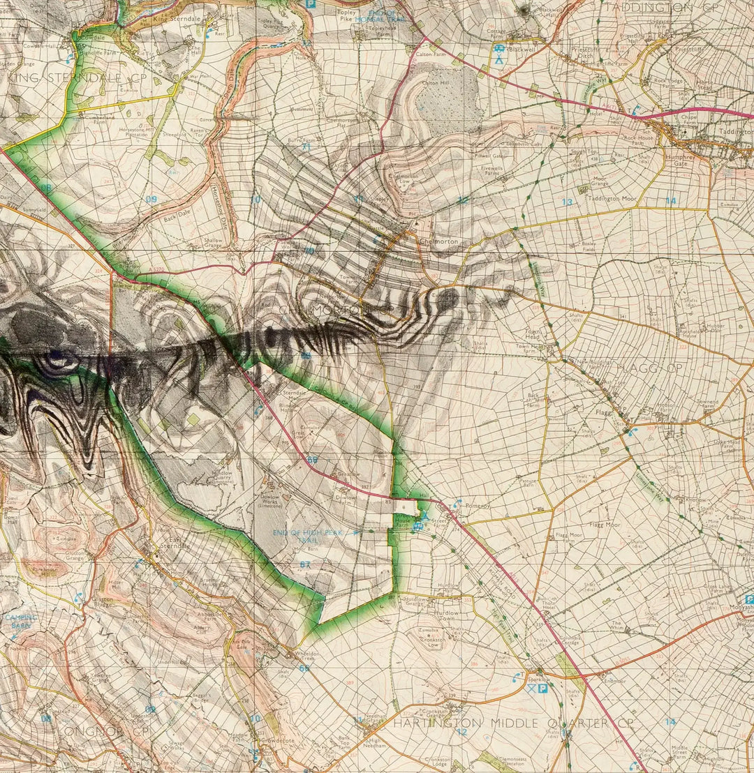 A limited edition artist's rendition of the Ed Fairburn | "Peak District," featuring an old map adorned with a distinct green line.