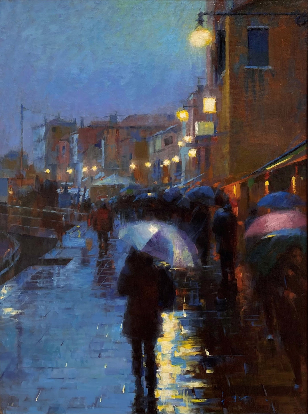 A painting titled "Tae Park - Winter Rain in Venice 2" depicts people walking down a street with umbrellas. The artwork, created by Tae Park using oil paint, captures the serene atmosphere of rainy winter.