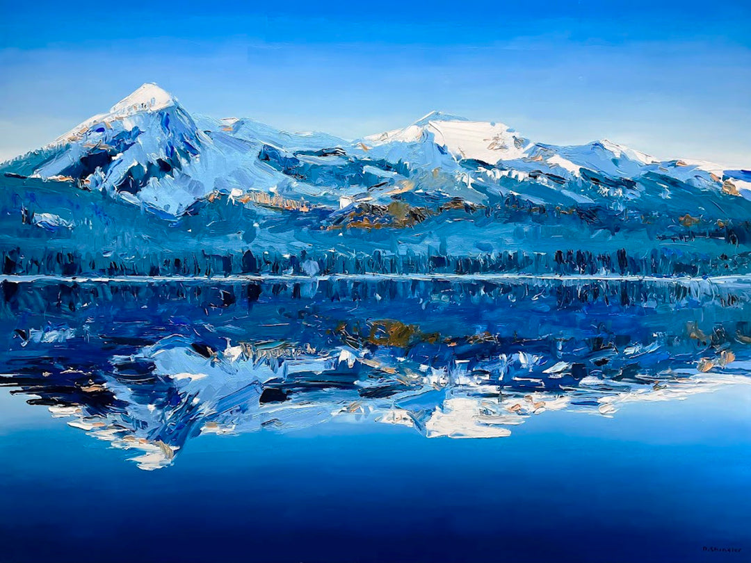 An oil painting capturing the serene beauty of "Autumn Rockies" in the Colorado Rockies, where mountains are mirrored perfectly in a tranquil lake by David Shingler.