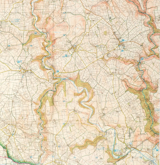 A limited edition Ed Fairburn | "Peak District" artist's depiction of the scenic Peak District, showcasing an old map of the river and its surrounding area.