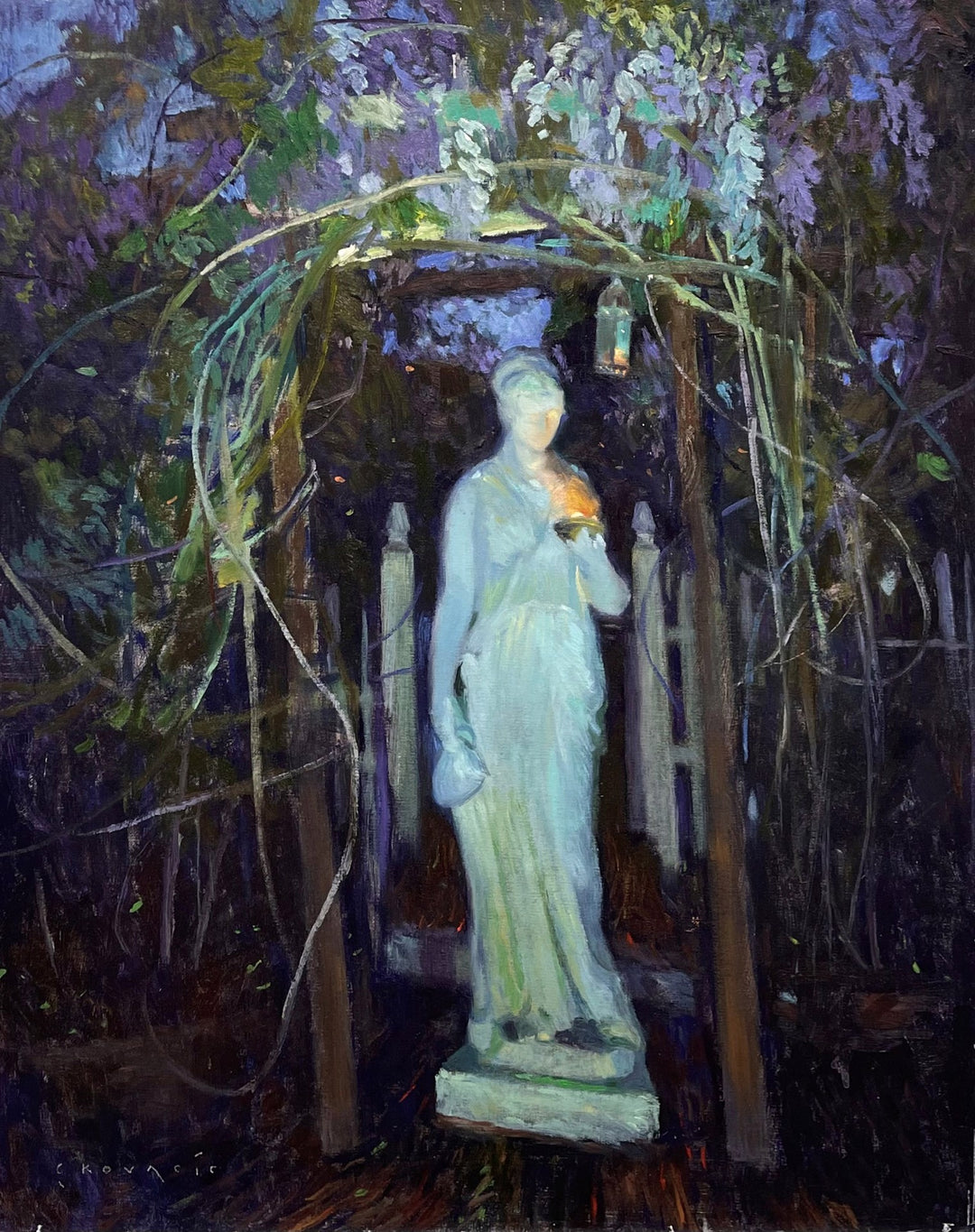 She Who Is Guardian, Hebe at the Gate, 2022" by Chuck Kovacic - a captivating painting capturing the essence of She Who Is Guardian, as she stands gracefully amidst lush garden surroundings.
