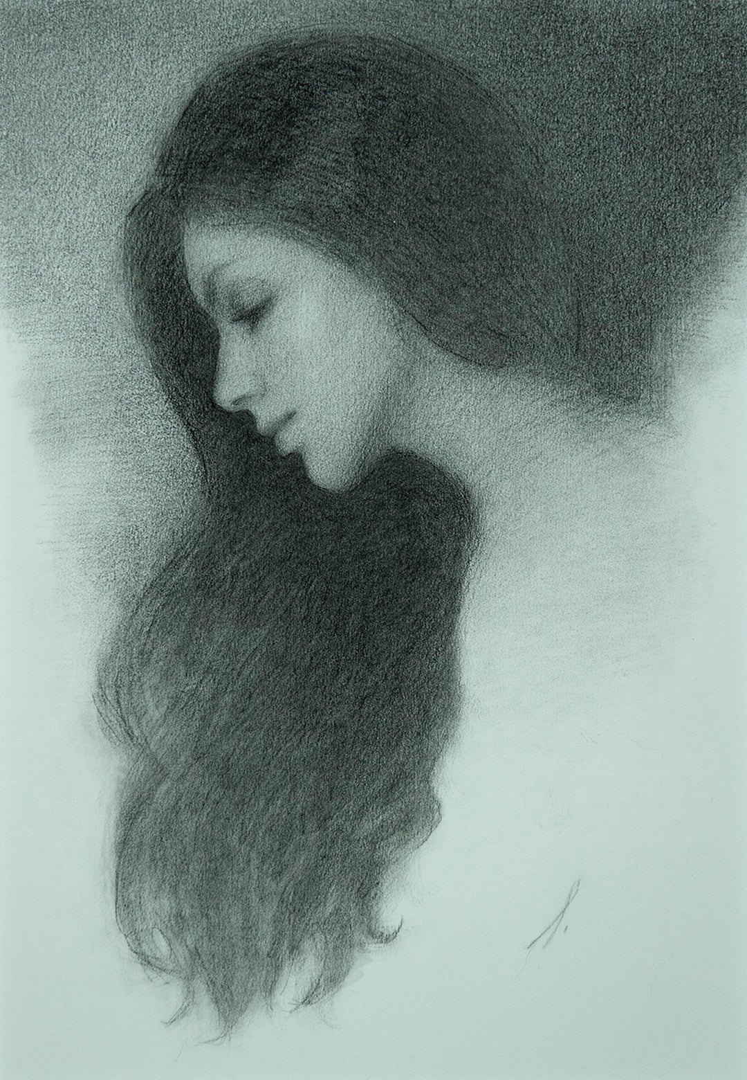 A charcoal drawing of a woman with long hair created by the artist Mark Bradley Schwartz, titled "Untitled 12" from the brand Mark Bradley Schwartz.