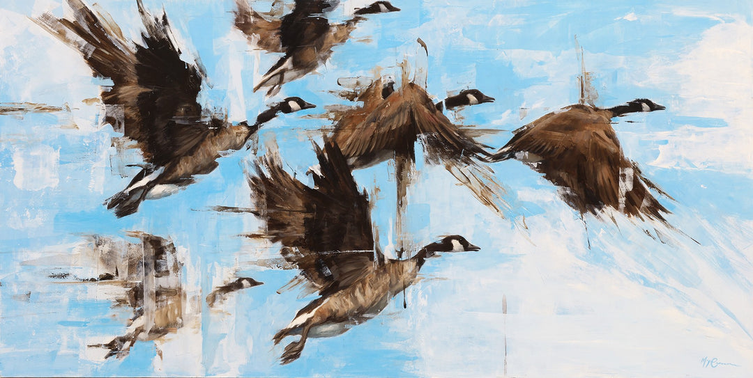 An artist's rendition of Morgan Cameron - "Migration, 2022" in oil on panel, showcasing a flock of geese gracefully soaring through the sky.