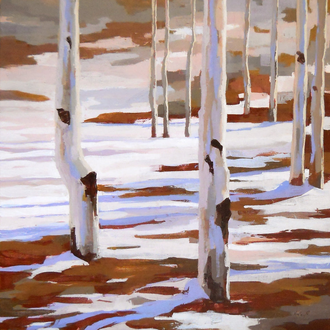A stunning oil on canvas painting of aspen trees in the snow, by artist Hadley Rampton's brand "Adaptation.