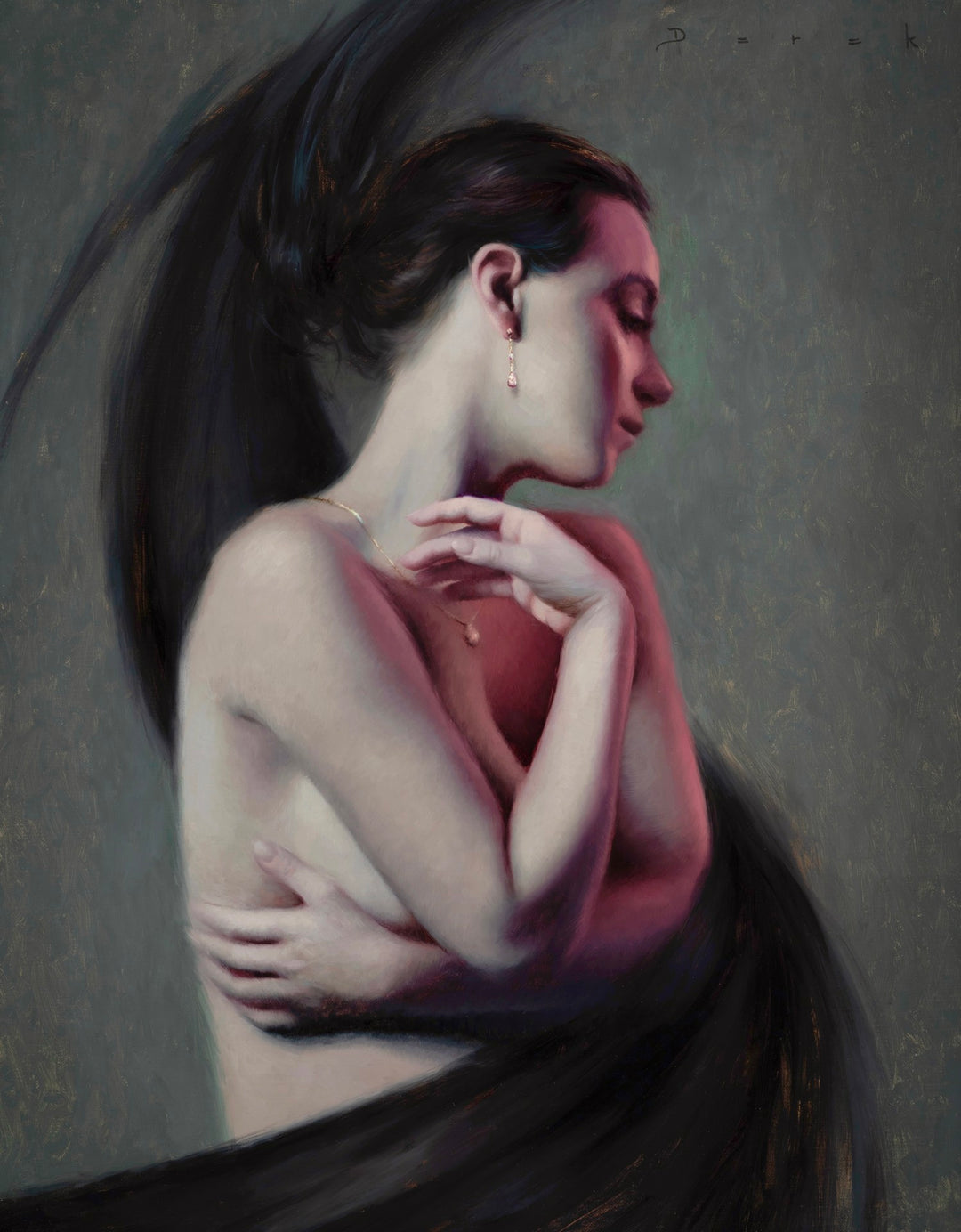 A mesmerizing Derek Harrison - "Rosé" oil on linen painting featuring a captivating and sensuous woman with luscious black hair.