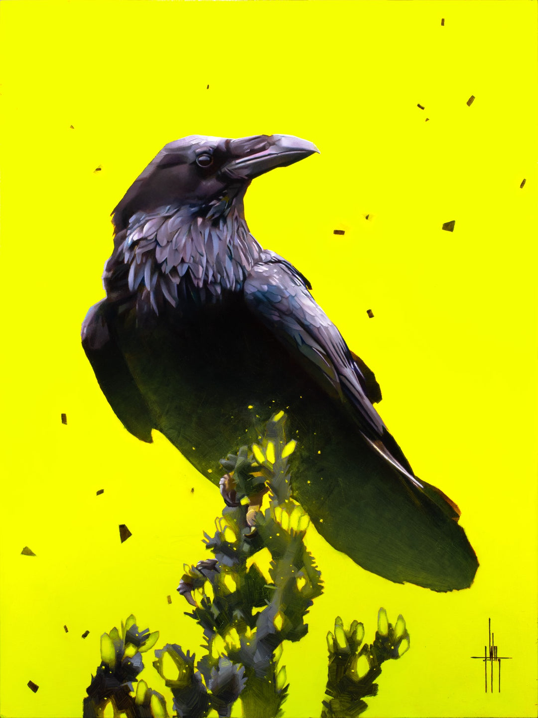 An artistically rendered "Toxic" black crow against a vibrant yellow background by Jess Wathen.