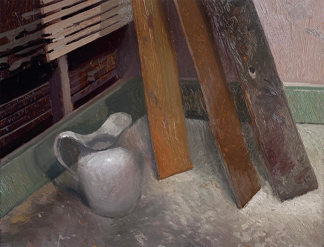 A painting by Brad Davis of a white jug and wooden planks, created using oil on panel.