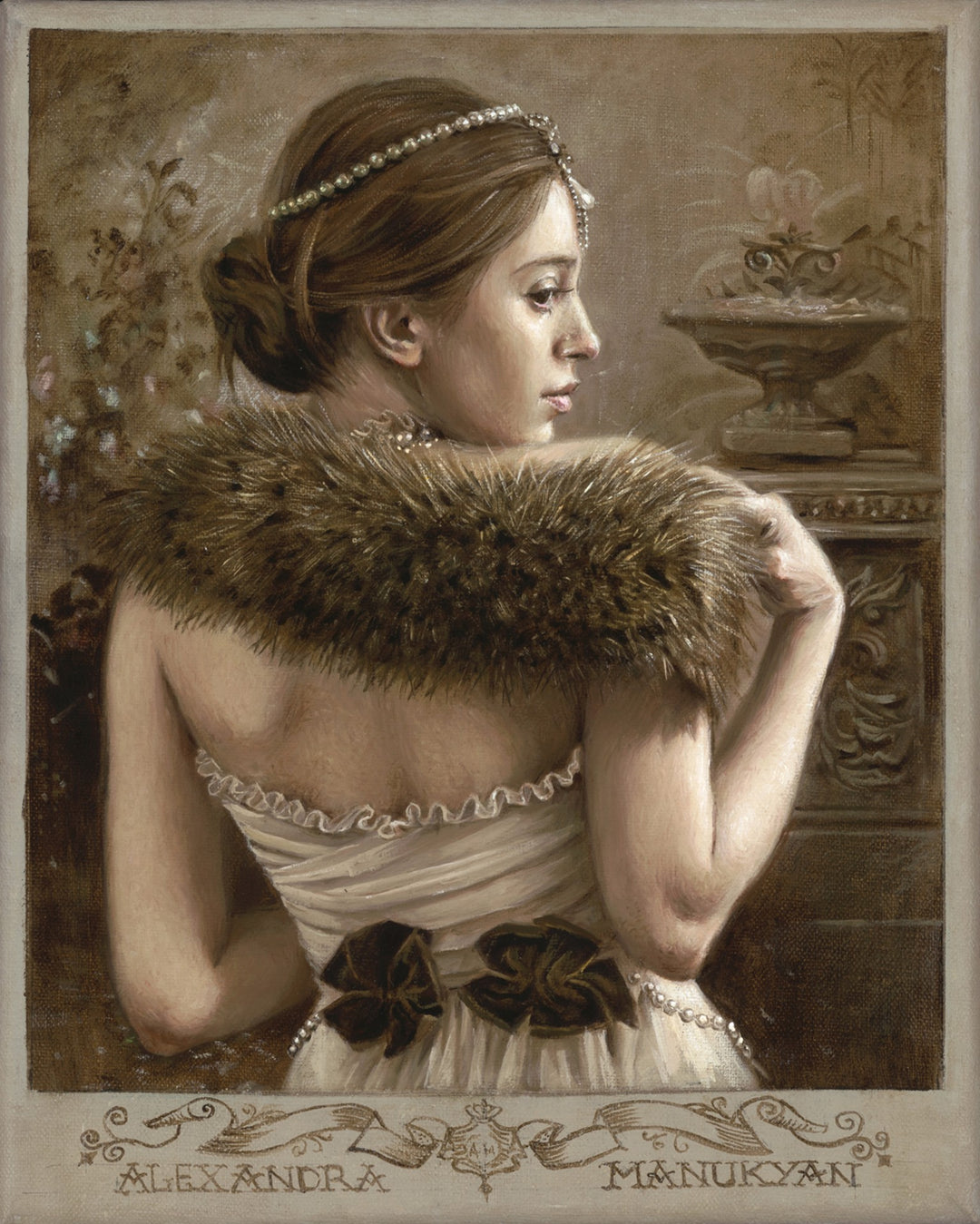 A painting of a woman wearing a fur collar, titled "Alexandra Manukyan - Nameless Grace", by artist Alexandra Manukyan. This stunning work of art is rendered in oil on Belgian linen.