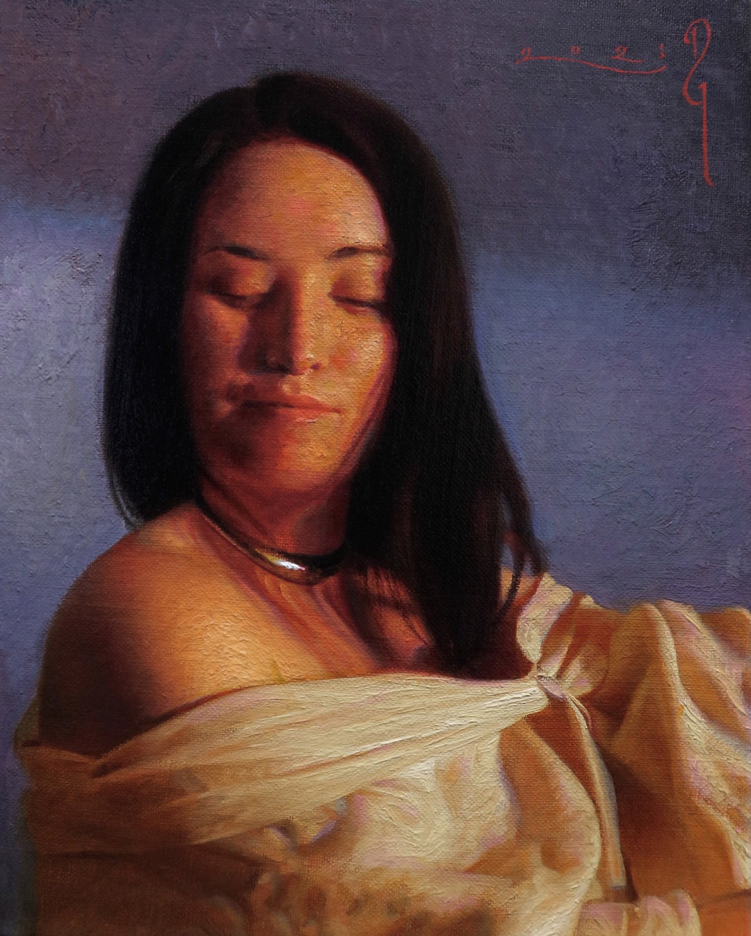 A breathtaking painting by Diego Glazer, capturing the serene beauty of a woman with her eyes closed. This mesmerizing artwork titled "You'll See" by Diego Glazer is meticulously created with oil on linen panel.