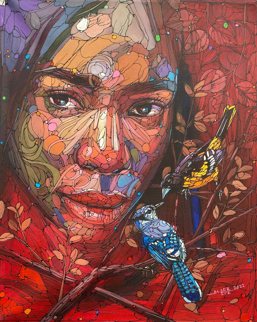 An Ifeoluwa Alade - "A Friend of All Season III" on canvas painting featuring a woman adorned with birds.